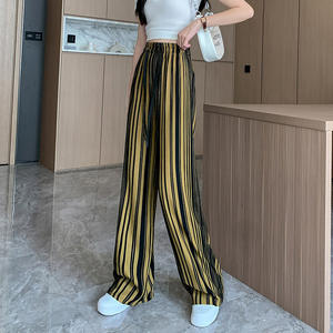 Taille haute jambe droite pantalons décontractés femmes pantalons amples à jambes larges avec un design rayé plissé - Product Image 4