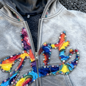 <span class=keywords><strong>Felpa</strong></span> con Cappuccio Oversize Personalizzata con Effetto Sfumato e Pietre Lavate, Zip Frontale, Stile Streetwear con Strass e Stampa DTG - Product Image 4