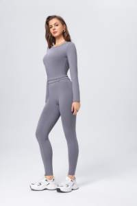 Set da yoga in 2 pezzi, girocollo, manica lunga, top corto, vita alta, leggings lunghi, senza cuciture, tinta unita - Product Image 5