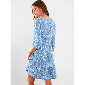 FOXA Vestido mini de manga 3/4 para mujer, cuello en V, fluido, con volantes, floral, estilo bohemio, línea A, informal, para verano, playa, vacaciones - Product Image 5