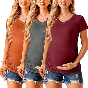 T-shirt de maternité à manches courtes et col en V pour femme, couleur unie, jersey, haut décontracté, vêtements de printemps et d'été - Product Image 1