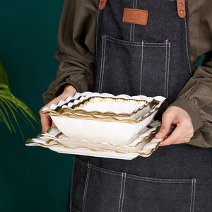 Assiette à dîner <span class=keywords><strong>de</strong></span> style européen, assiette à pois en céramique bords en or blanc, assiettes à soupe inspiration occidentale, hôtel Restaurant - Product Image 4