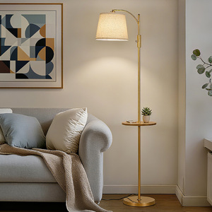 Modern Floor <b>Lamp</b> With <b>Table</b> Beige Linen Shade Brass Body Adjustable Height LED Light Source E27 <b>Base</b> For Living Room Bedroom - Product Image 2