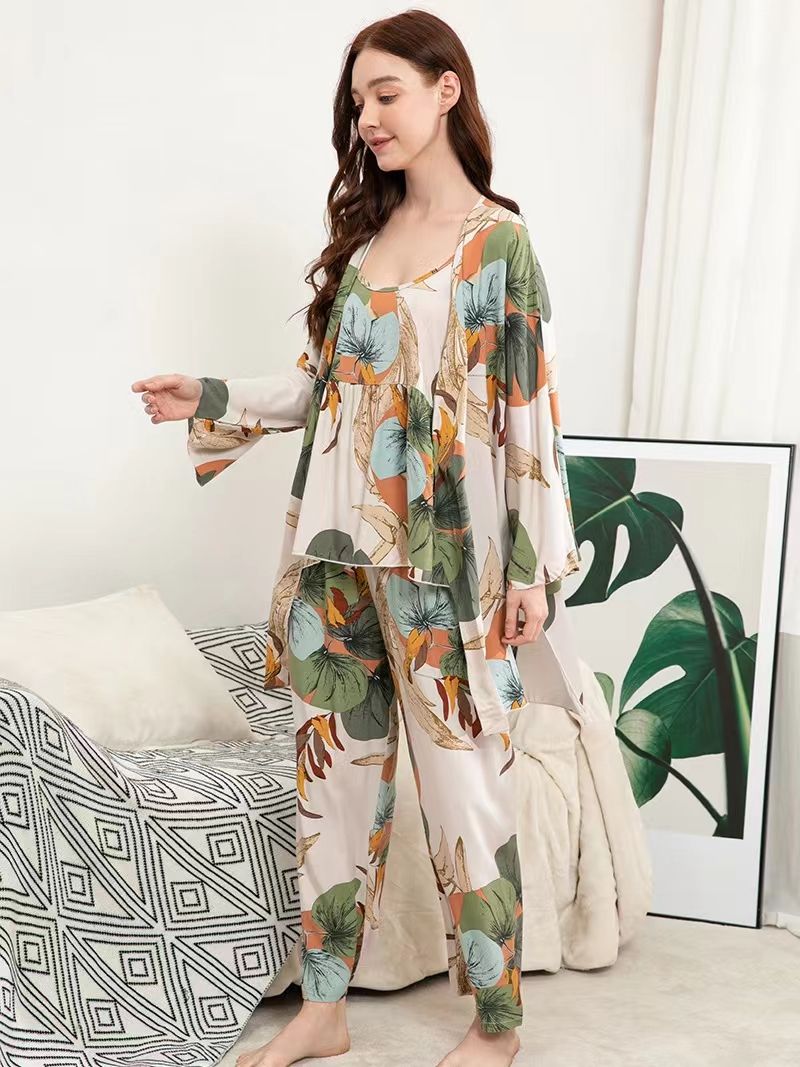 Soft Elegant Ladies Pj Smocked Pyjamas Gift En Soie Sexy Robe Set