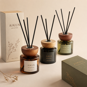 AIKUN Natural Wood Lid OEM <b>Reed</b> <b>Diffuser</b> <b>Diffuser</b> Scented Gift Set with Black <b>Sticks</b> for Living Room Home Decor Wholesale - Product Image 1
