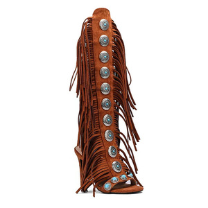 <strong>2026</strong> Tassel <strong>Shoes</strong> Summer Genuine Leather High Top Outdoor High Heel Open Toe Women's Western Denim Bohemian Women <strong>Sandals</strong> - Product Image 3