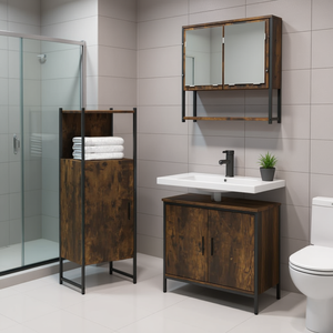 Conjunto de Muebles de Baño de Madera de Roble Ahumado, Moderno, Rectangular, Gabinete Marrón con Lavabo, Espejo y Unidad de Almacenamiento - Product Image 2