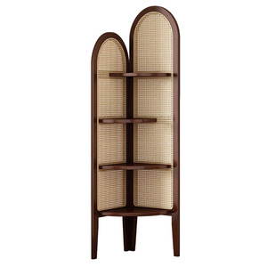 Hongxiang Retro Rattan Corner <b>Bookcase</b> With Back <b>Solid</b> <b>Wood</b> Three Tier Shelf Space Saving For Living Room Bedroom - Product Image 4