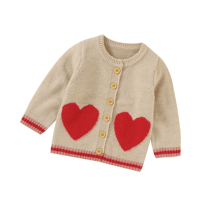 OEM MOQ pequeño niña diseñador Chaqueta de punto suéter de manga larga chaqueta con diseño de corazón