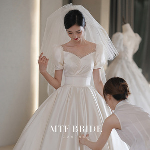 Mtf Bride Satin Wedding Dress Sweetheart Neckline Ball Gown Natural Waist Vintage Style Long Train For Brides - Product Image 1