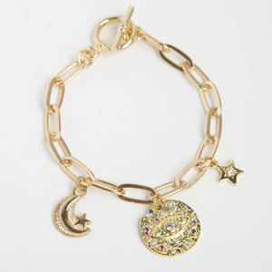 Alloy Fashion Jewelry Plated Carabiner <b>Bracelet</b> Curb-Chain <b>Bracelet</b> With Charms of Star/Disc Micro Inlaid Eyes/<b>moon</b> - Product Image 6