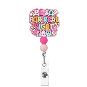 Best-selling Luxury Pink-coloured Soft <b>Silicone</b> <b>Bead</b> Acrylic Telescopic Rotating crocodile Clip Pull-tab ID Holder - Product Image 3