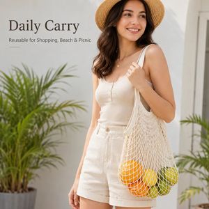 Sac de courses en coton personnalisé, réutilisable, écologique, en filet pour produits frais, vente en gros - Product Image 5