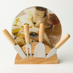 Juego de Cuchillos para Queso de Lujo Más Popular, Tabla de Cortar de Vidrio y Acero Inoxidable, Soporte de Madera, Rebanador de Queso, Espátula, Esparcidor - Product Image 1