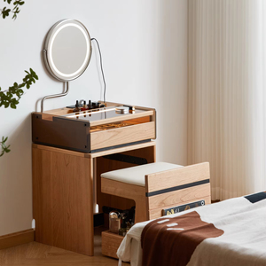 <span class=keywords><strong>Demi</strong></span>-maison <span class=keywords><strong>commode</strong></span> moderne en bois massif avec chaise réglable miroir éclairé par LED coiffeuse avec tiroirs pour chambre à coucher - Product Image 1
