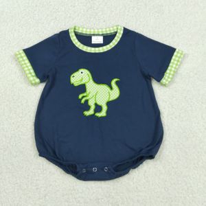 SR4113 rts - Conjunto de pijama para bebé, diseño de dinosaurio a cuadros verde marino, bordado, para niña, venta al por mayor, mono de manga corta, conjunto de ropa para dormir para niños - Product Image 1