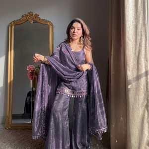 Conjunto de Salwar Kameez Tradicional de Seda Morada para Mujer, Diseño Indio-Pakistaní, Sin Arrugas, Elástico, para Fiestas y Bodas, Talla XL - Product Image 1