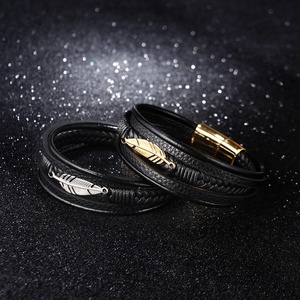 Bracelet en cuir tressé multicouche pour homme, joncs en acier inoxydable, accessoire de mode pour l'Europe et les États-Unis, pour le commerce extérieur - Product Image 2