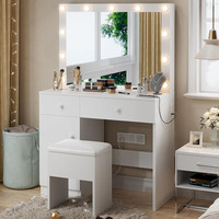 Ensemble de coiffeuse de maquillage blanche avec 3 modes de lumière de couleur Tiroirs de prise de courant Armoire de rangement et chaise pour chambre à coucher