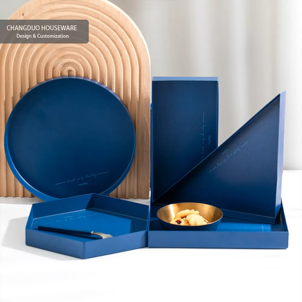 Blues geometrik tasarım Metal depolama tepsisi kozmetik şeker meyve çeşitli eşyalar plaka yumuşak ambalaj ev otel hediye için özel logo