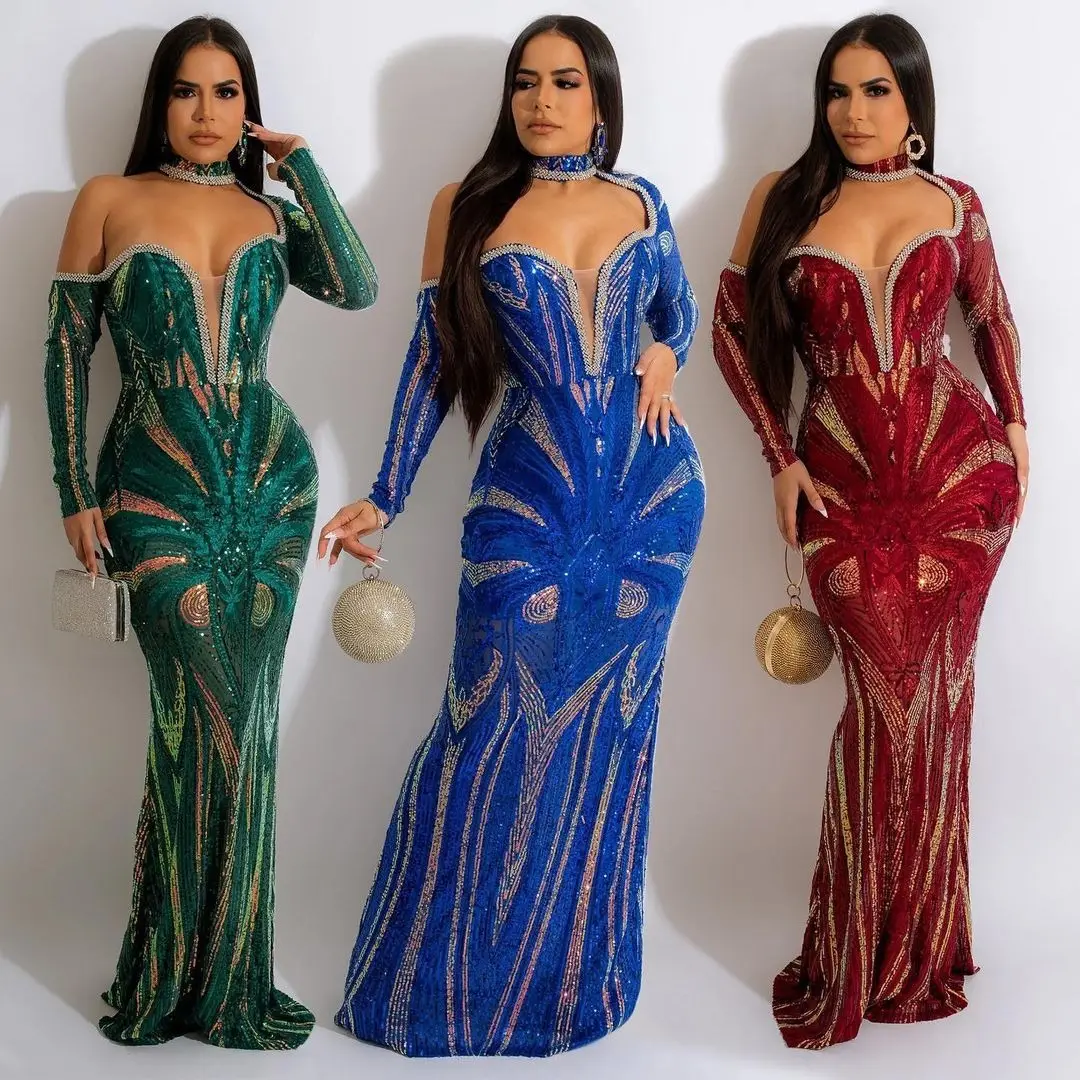 Elegent Green One shoulder Halter Evening Dresses With Stones Party Sparkling Sequin Compere Mermaid Gowns Prom Evening Dress