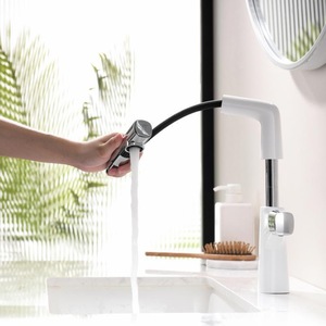 HONGDEC Polished Chrome <strong>Pull</strong> Out and Height Adjustable Bathroom Basin Faucet Rising Column Flow and Dense Spray Basin Tap - Product Image 6