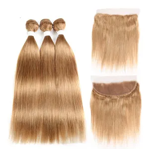 #27 Honey Blonde Bundles with 13x4 Frontal Highlight Bone Straight Bundles with Closure 4x4 Transparent Ombre Colored Human Hair