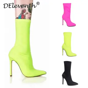 DEleventh Shoes 266-2 Ladies High Heels Boots Sexy Women boots black pink Solid color Thin Heel stretch satin knee high Boots