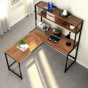 कमरे में रहने वाले फर्नीचर एल के आकार का धातु फ्रेम लकड़ी के लेखन कार्यालय डेस्क अध्ययन टेबल घर कोने अलमारियों के साथ कंप्यूटर टेबल