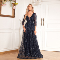 Robe de soirée longue en dentelle à sequins, manches 3/4, col en V, coupe trapèze, bleu marine, pour femme, idéale pour bal de promo ou invitée de mariage - Vente en gros usine