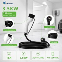 Chargeur EV portable Kinetix 16A 3,5 kW, type 2, prise EU Schuko, contrôle par application, courant réglable, 110V 240V, câble de charge de niveau 2