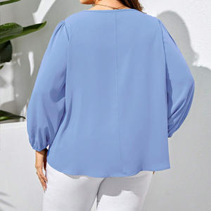 Kemeja wanita lengan puff panjang, blus wanita ukuran <span class=keywords><strong>plus</strong></span>, kemeja polos lengan puff panjang kasual elegan longgar leher v - Product Image 5