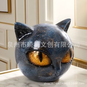 Figurine de chat noir en résine, ornement tête d'animal, yeux jaunes, décoration d'intérieur, artisanat artistique, cadeau - Product Image 1