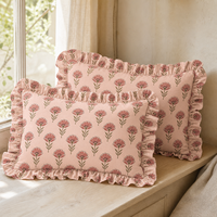 Housse de coussin beige en coton à imprimé floral avec bordure à volants, housses de coussin décoratives pour canapé et chambre à coucher