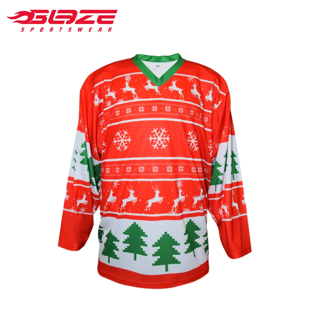 Personalizado barato color rojo sublimado divertido uniformes de hockey sobre hielo de Navidad camisetas de hockey