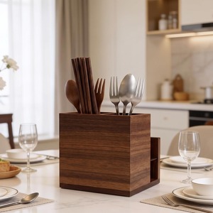 Organisateur de couverts en bois haut de gamme avec design carré, support de rangement de cuisine multi-compartiments pour cuillères et fourchettes, en vente - Product Image 4