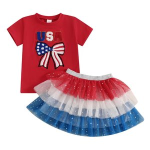 Set di Abbigliamento Estivo per Bambine RTS per il Giorno <span class=keywords><strong>dell</strong></span>'Indipendenza, Maglietta con Fiocco Ricamato USA e Gonna in Rete Colorata - Product Image 1