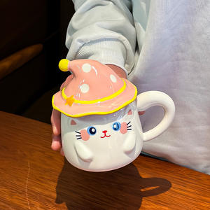 Cute Cat Ceramic <b>Mug</b> <b>With</b> <b>Lid</b> Cartoon Design For Girls Spring 2024 Home Use Single Cup White Yellow Black - Product Image 3