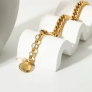 HP Stainless Steel Freshwater Pearl Bracelet 18K Gold Plated 10mm Wide Double Cuban Link Chain Chunky Bracelet