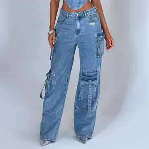 Mode plus récent décontracté Unique Streetwear Baggy Pocket Cargo Denim pantalon lavé droit femmes pantalons Jeans
