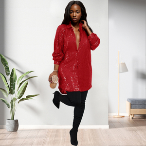 D0405TA62 vendita diretta all'ingrosso Casual tinta unita <span class=keywords><strong>paillettes</strong></span> manica lunga camicia abito per le donne Sehe alla moda - Product Image 4