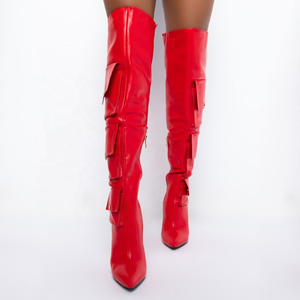 Big Size 44 Special Pockets Ornament Side Zip Women Over Knee High Boots Thin <b>Heel</b> Women Thigh High Booties Pointed Toe Boots - Product Image 3