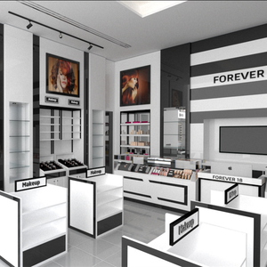 Escaparate minorista personalizado Brutalist para maquillaje Cosméticos para el cuidado de la piel-Estante de exhibición de góndola de madera Solución integral Diseño gratuito - Product Image 5