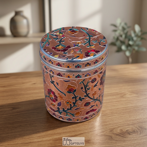 Handcrafted Oriental stainless steel Spice Container Round With Lid <b>Floral</b> Design Storage <b>Box</b> - Product Image 3