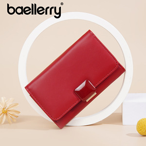 กระเป๋าสตางค์แบบสามพับสำหรับผู้หญิง ยี่ห้อ Baellerry สีแดง หนังแท้ ปิดด้วยกระดุม ใช้งานได้หลากหลาย เหมาะสำหรับใช้ในชีวิตประจำวัน - Product Image 1