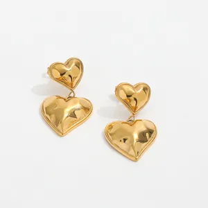 Trendy Lightweight 18K Gold Plated Tarnish Free Hollow Double Big Chunky Heart High Quality Stainless Steel Hoop Earrings