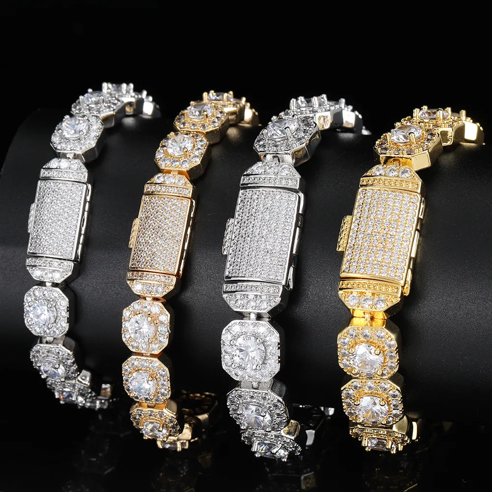 Bling iced out pulseira aaa cz, tênis, diamante, pulseiras para homens, formato quadrado, elo cubano, corrente, homens, hiphop, joias