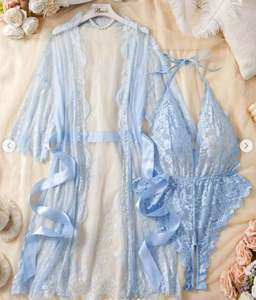 B069 <b>Sexy</b> <b>Sheer</b> Women's <b>Lingerie</b> Lace Robe Bodysuit & Long Sleeved Nightgown Set with Bow Tie Belt 100% Polyester Mesh - Product Image 5