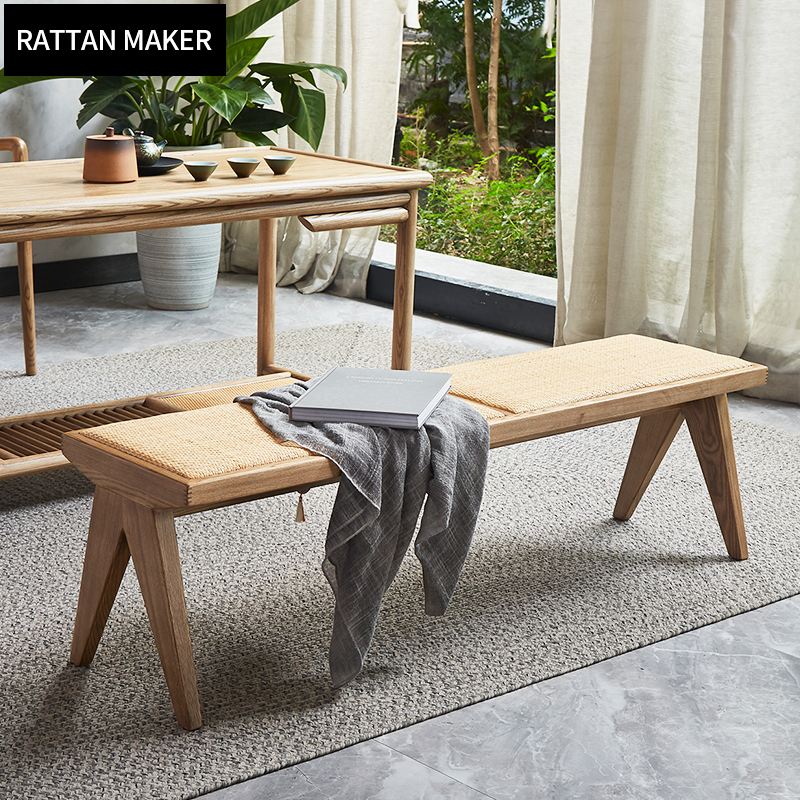 Деревянная обеденная удлиненная скамейка из ротанга с плетеной поверхностью, скамейка из массива дерева для отдыха, вход, скамейка для смены обуви