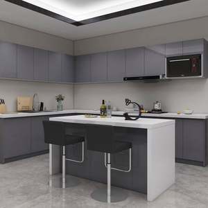 Armoire de cuisine en contreplaqué laqué gris brillant avec dosseret et grand rangement - Product Image 1